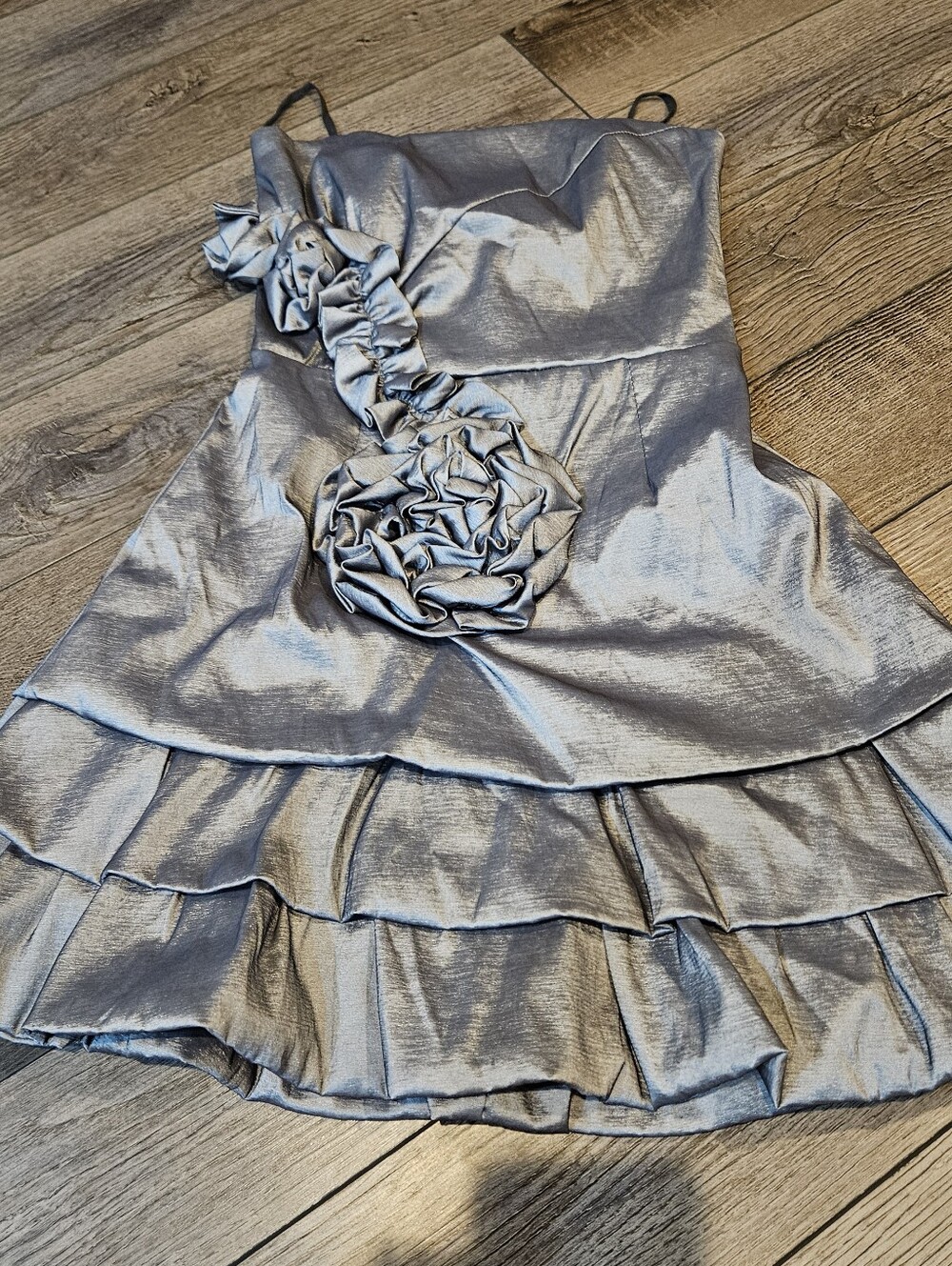 Mystic Silver Ruffle Strapless Dress with Flower Accents